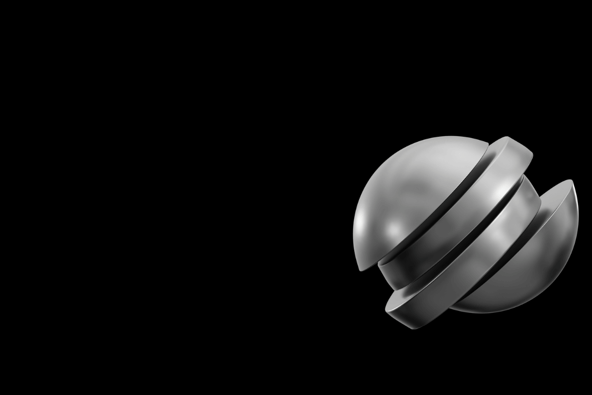 Futuristic 3D sphere with sleek metallic design on a gradient green background.